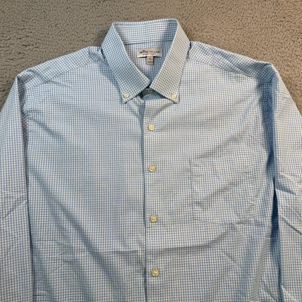 Peter Millar Summer Comfort Blue Gingham Fortinet Logo Shirt Mens Large L
